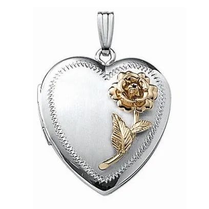 14k White Gold Two Tone Rose Heart Photo Locket