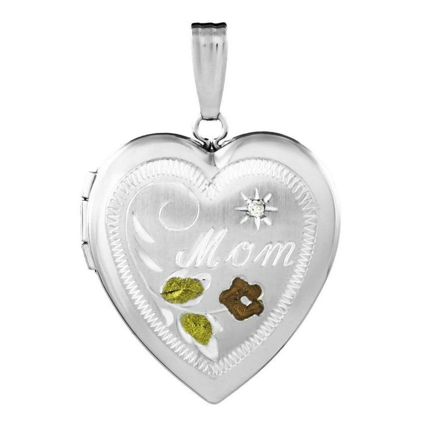 14k White Gold Mom Tri Color Heart Locket