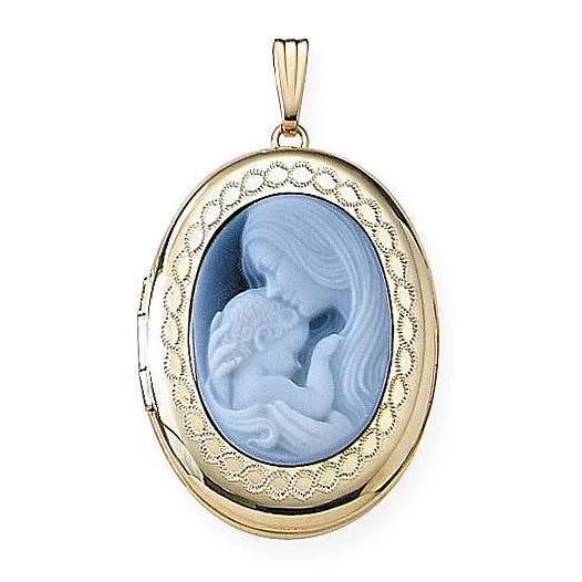 Solid 14K Yellow Gold Oval Mother & Child Cameo Locket