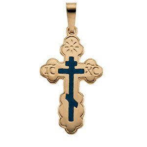 14K YELLOW GOLD ORTHODOX CROSS PENDANT W/BLUE INLAY