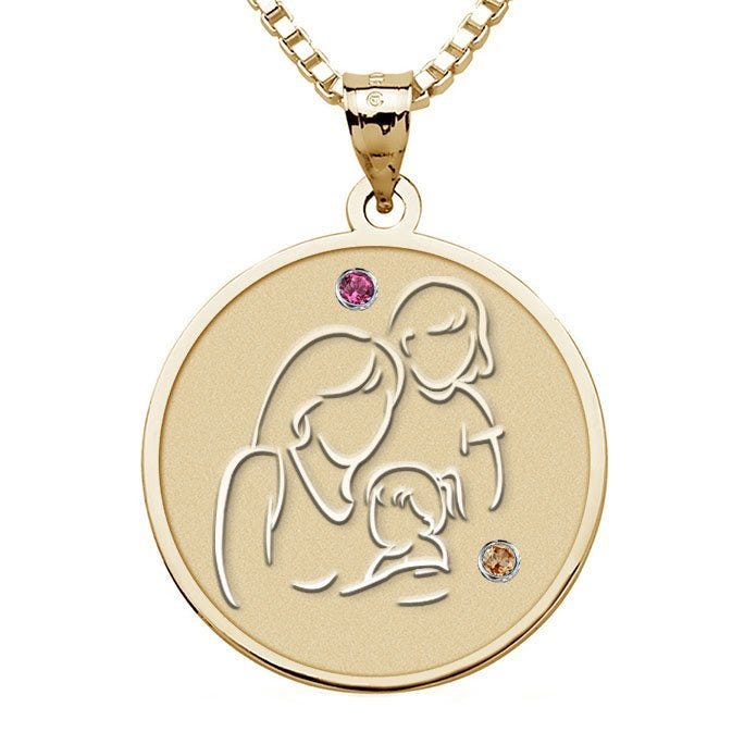 Mother with Two Daughters - Round Pendant Birthstone