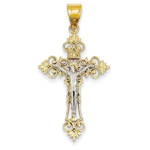 14K Two-tone Large Lacey-edged INRI Crucifix Pendant