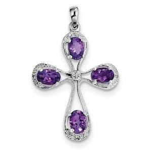 Sterling Silver Rhodium Amethyst & Diamond Cross Pendant