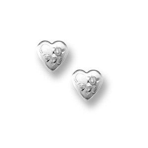 14K White Gold Child's "Heart" with Flower Hand Engraved Earrings