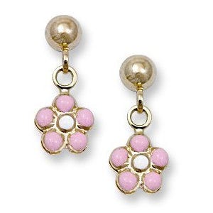 14K Yellow Gold Pink Flowers Epoxy Dangles Children Post Earrings
