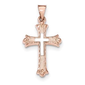 14K Two-tone Textured, Brushed & Polished Budded Cross Pendant
