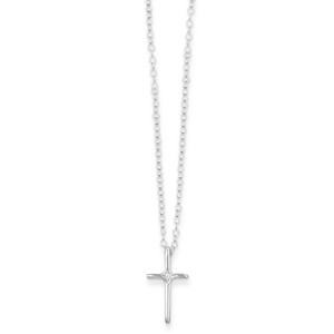 14k White Gold .01 ct Diamond Children's Cross Pendant w/ 15" Chain