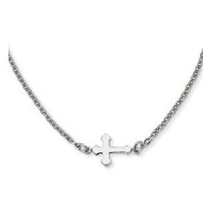 Stainless Steel Polished Sideways Cross 18in Necklace