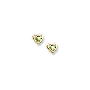 14K Yellow Gold Child's Genuine Peridot Birthstone Heart Earrings