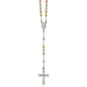 Sterling Silver Polished White, Rose and Yellow Rosary Necklace