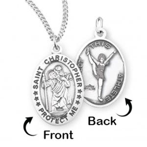 Sterling Silver Saint Christopher Double Sided Female Cheerleader Oval Religious Medal w/ Chain