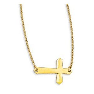 Stainless Steel Gold Plated Sideways Cross 16in Necklace