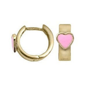 14K Yellow Gold Children's "Heart" Huggie Earrings with Pink Enamel