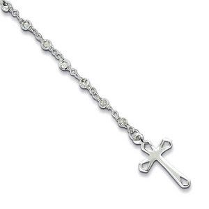 Sterling Silver & Freshwater Cultured Pearl Rosary Cross Bracelet - 7.5 Inch Sterling Silver Rosary Bracelet