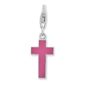 Sterling Silver Rhodium plated Enameled Cross w/Lobster Clasp Charm