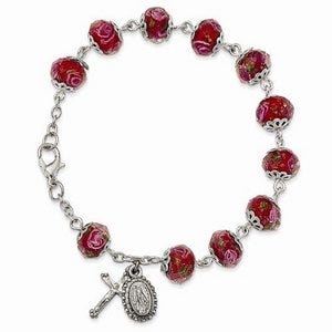 Silver-tone Handpainted Red Beads Rosary Bracelet