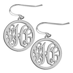 14K White Gold Round Cut-Out Monogram Vine Script Kidney Wire Earrings