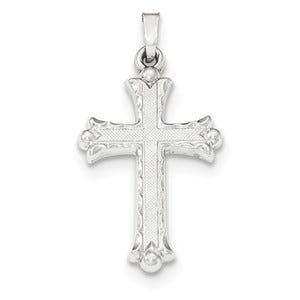 14K White Gold Textured and Polished Fleur de lis Cross Pendant