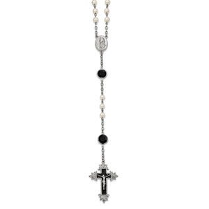 Silver-tone Black Enamel Black Swarovski Crystal & Glass Pearl Rosary