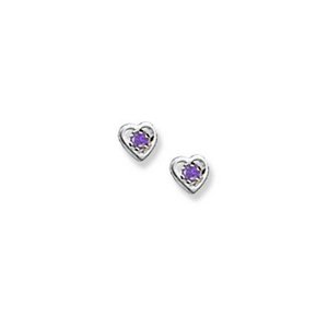 14K White Gold Child's Genuine Amethyst "Heart" Birthstone Earrings