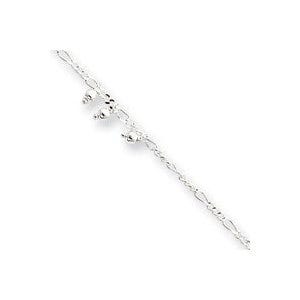 Sterling Silver Polished Beaded Figaro Anklet