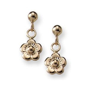 14K Yellow Gold Children's Post Earrings with Dangling Flower