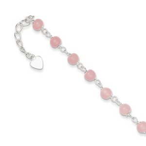 Sterling Silver 9" Pink Bead with Heart Anklet