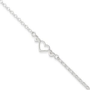 Sterling Silver Polished Triple Heart Anklet