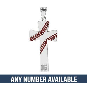 Baseball Stitch Enameled Cross Pendant w/ Number Includes 18 Inch Chain