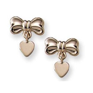 14K Yellow Gold Ribbon Heart Dangles Children Post Earrings