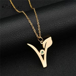 "V" Vegan Necklace with Emerald & 18 Inch Chain