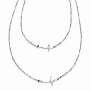 Sterling Silver Small and Large Sideways Curved Cross 2-Layer Necklace