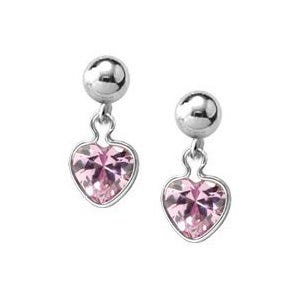 Sterling Silver Children's Heart Drop Earrings w/ Pink Cubic Zirconia