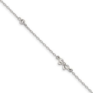 Sterling Silver CZ Accent & Bow Charm w/ 1 Inch ext.