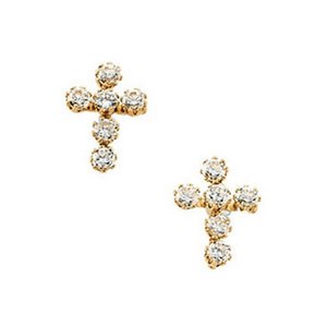 14K Yellow Gold Children's Cross Earring W/Cubic Zirconia