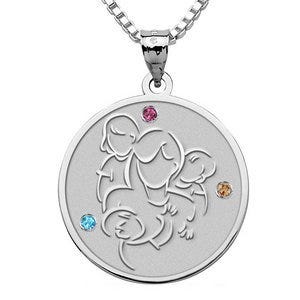 Mother with Daughter and Two Sons - with Birthstones Round Pendant