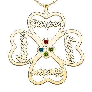 Personalized Heart Cut-Out with Pendant With Four Birthstones & Names- Includes 18 Inch Chain