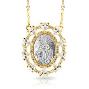 Mother of Pearl Miraculous Oval Medal with CZ Ornate Border