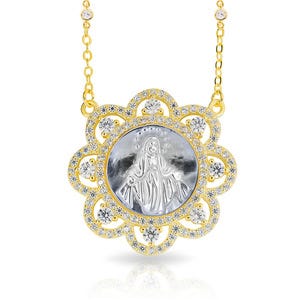 Mother of Pearl Miraculous Round Medal with CZ Ornate Border