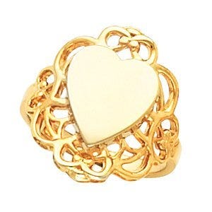 14K Gold Women's Heart Signet Ring with Filigree Design