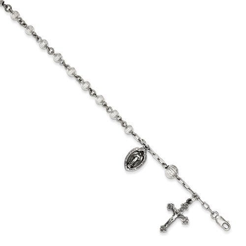 Sterling Silver Round Flute Rosary Bracelet /with Miraculous Medal - 7 Inch Sterling Silver Rosary Bracelet
