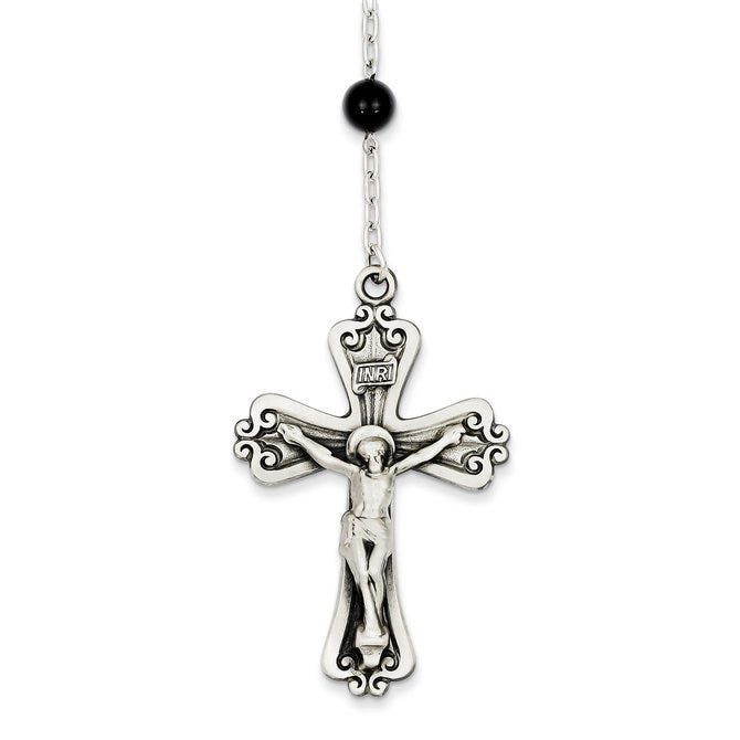 Sterling Silver Black Onyx Rosary Necklace /with Sacred Heart of Jesus