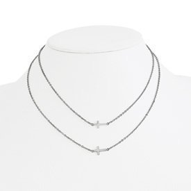 Stainless Steel Double Sideways Crosses Layered Necklace
