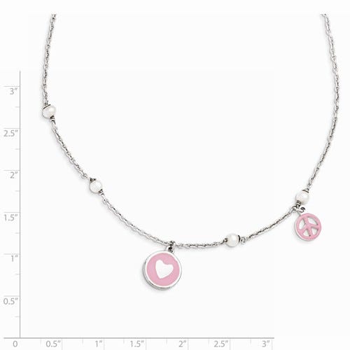 Sterling Silver Childrens Pearls & Enameled Peace Sign Charm Link Bracelet