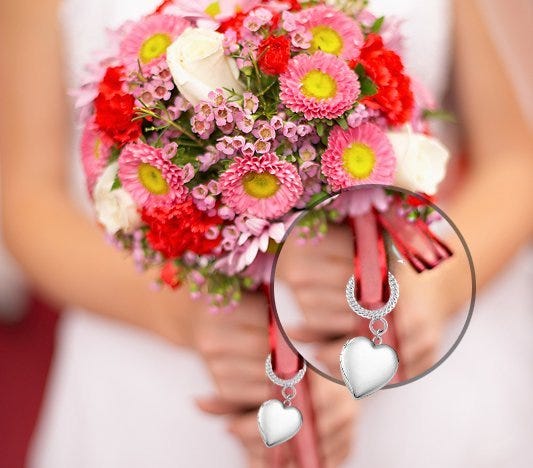 Sterling Silver Wedding Bouquet Heart Photo Locket With Ribbon Loop - 3/4 inch x 3/4 inch
