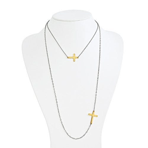 Yellow Plated Stainless Steel Double Sideways Cross Layered Necklace
