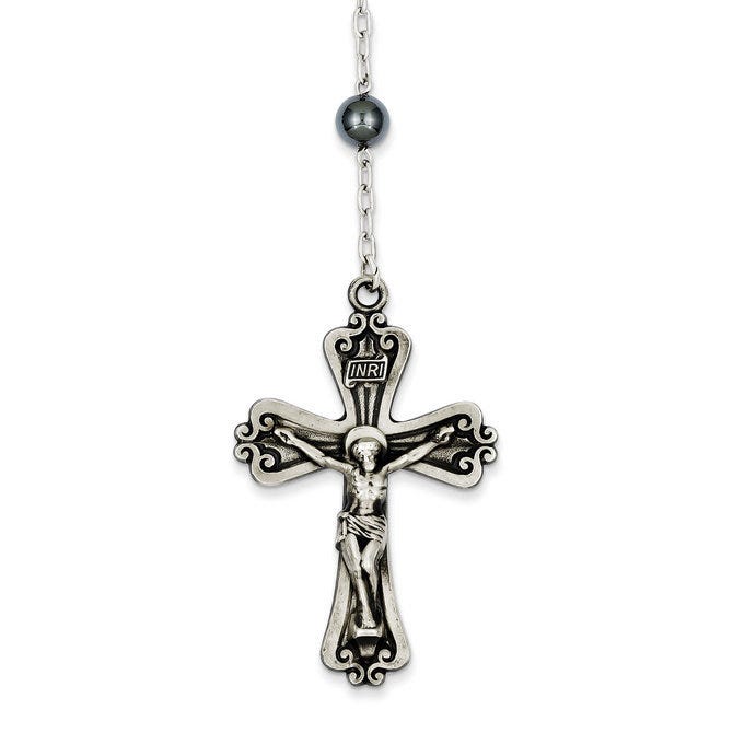 Sterling Silver Antiqued Hematite Rosary Necklace /with Miraculous Medal