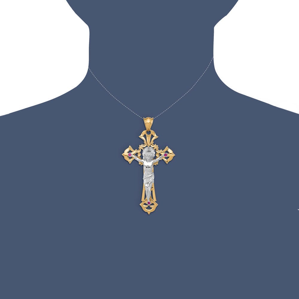 14k Two-tone Polished with Red CZs Crucifix Pendant