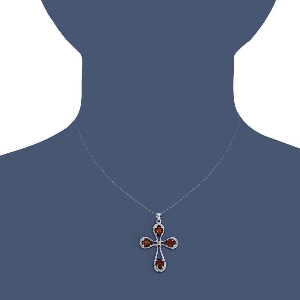 Sterling Silver Rhodium Garnet & Diamond Cross Pendant