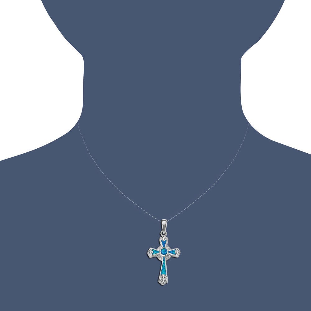 Sterling Silver Rhodium-plated CZ & Created Opal Cross Pendant